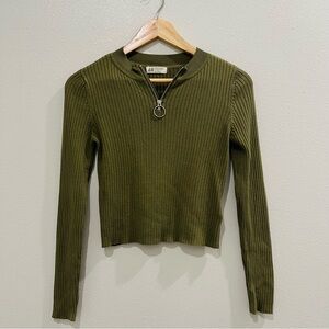 H&M Olive Ribbed Zip-Up Blouse
